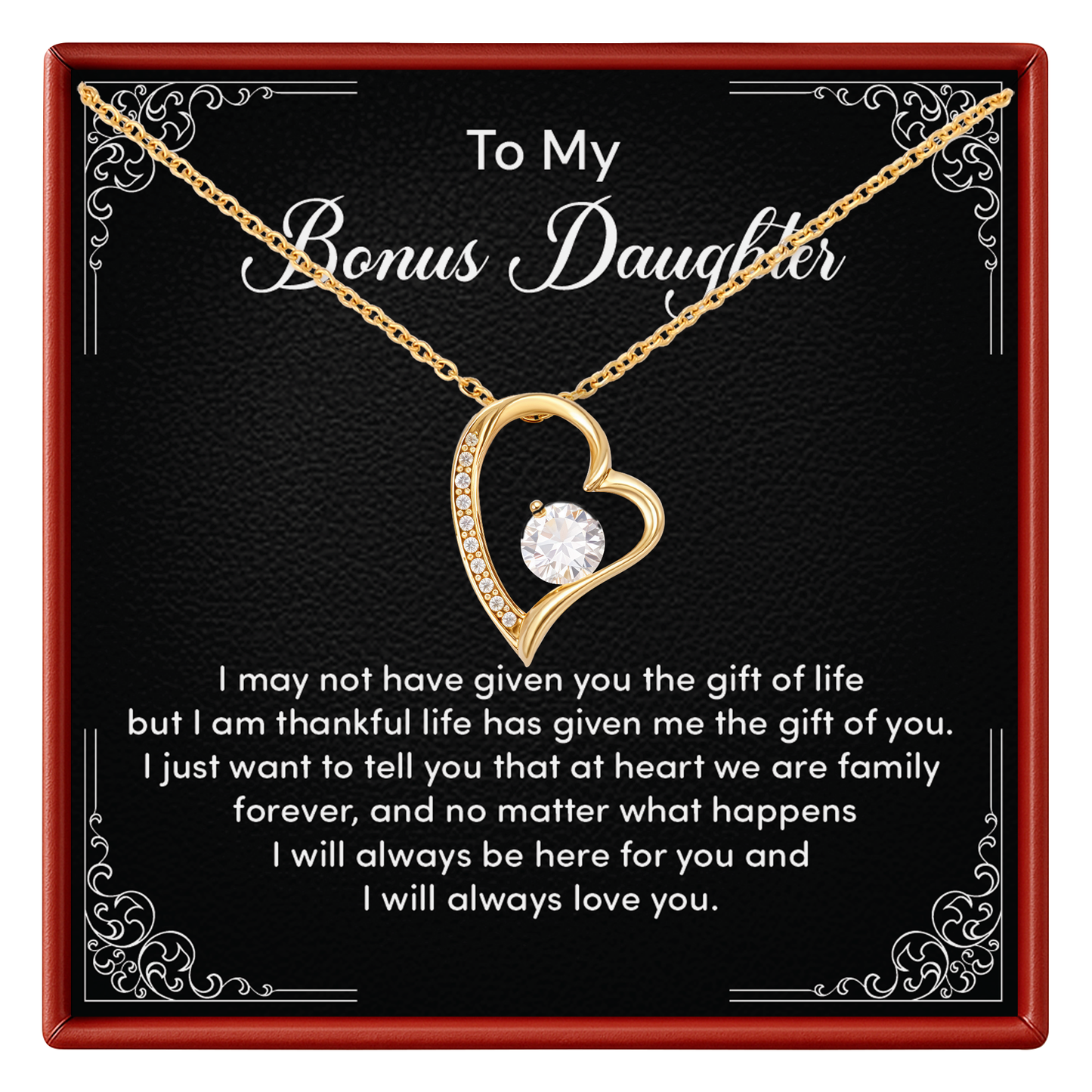 Bonus Daughter Necklace from Stepmom or Stepfather - Heart Shaped Crystal Pendant Gift