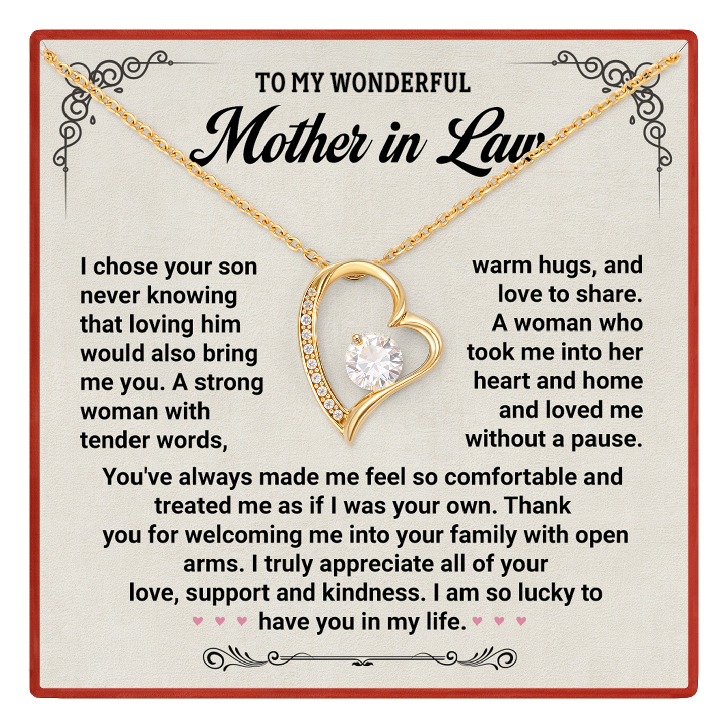 To My Wonderful Mother in Law Necklace, Heart Pendant Gift from Daughter-in-Law