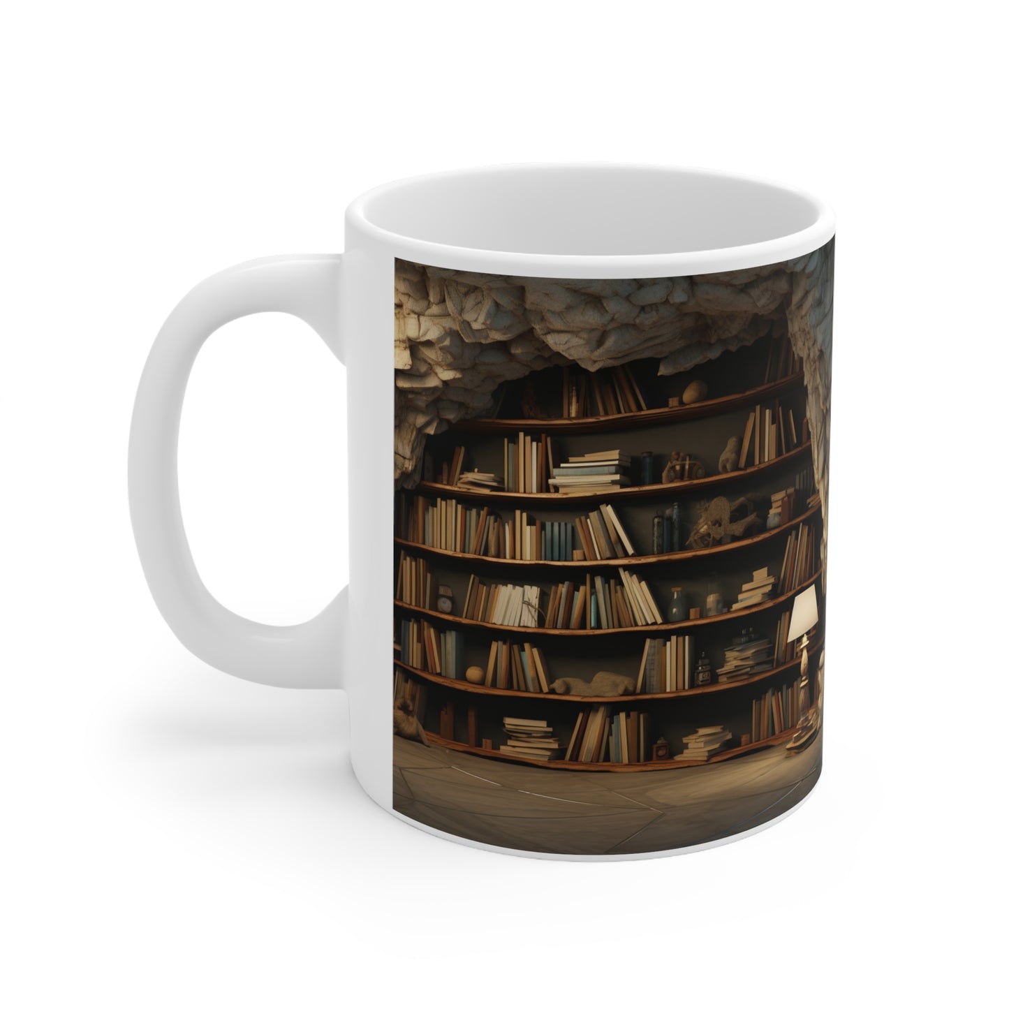 A vintage 3D bookshelf 11oz white Mug