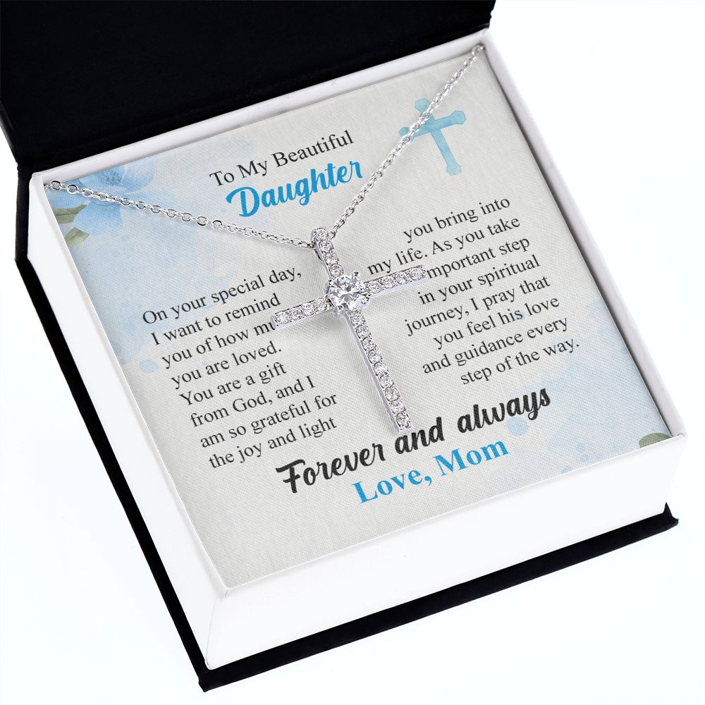 To My Beautiful Daughter Cross Necklace From Mom, On Your Special Day, Love Knot Necklace For Women, Birthday Christmas Present