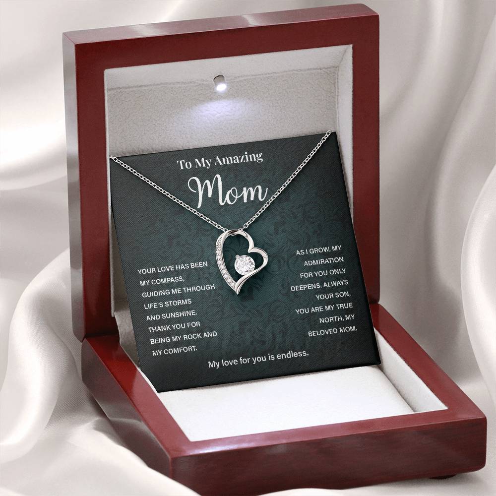Mom Necklace from Son – Heart Pendant with Compass Message Card