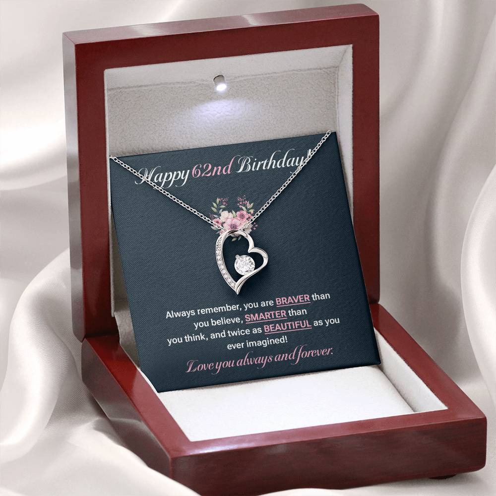 62nd Birthday Necklace Gift for Her – Heart Pendant & Message Card