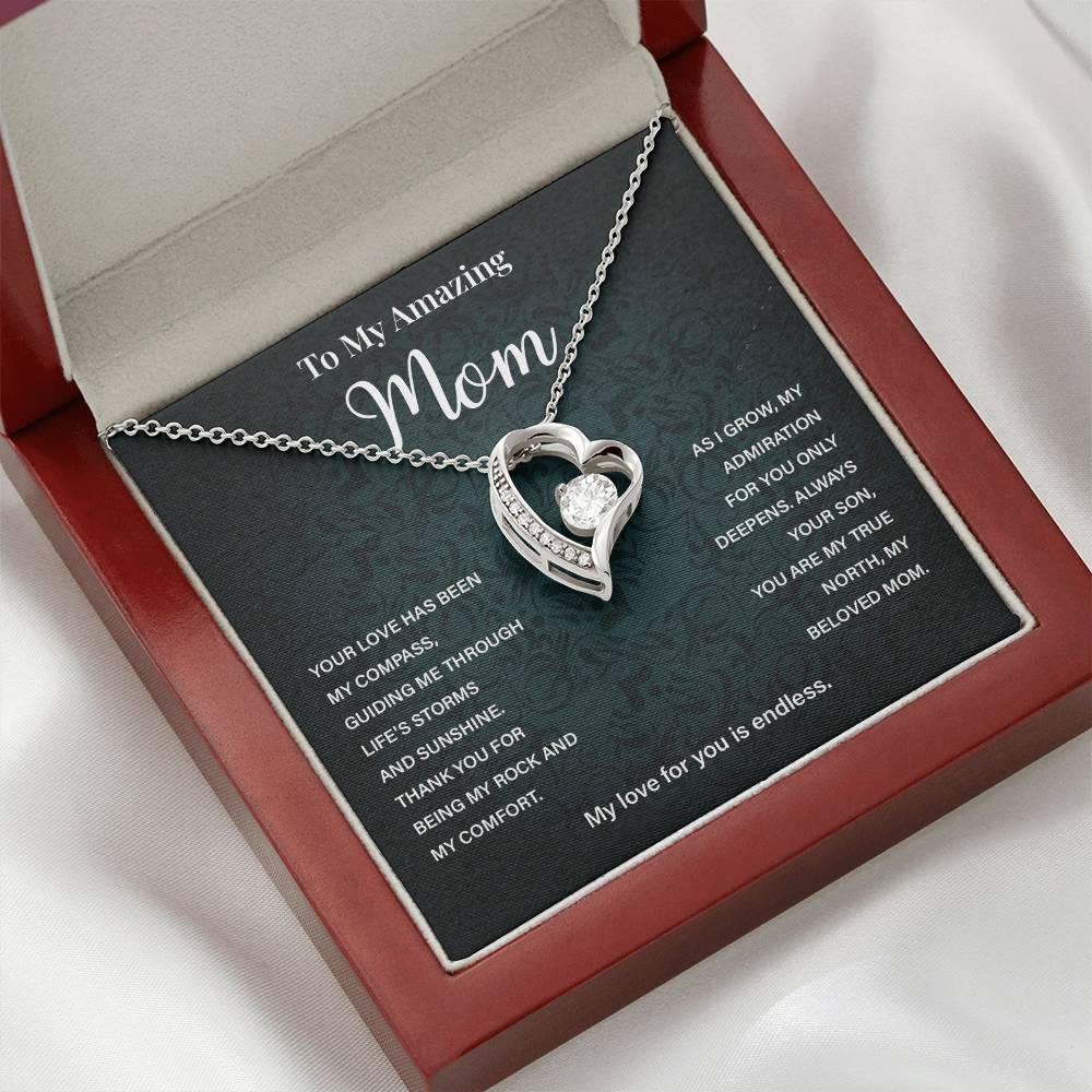 Mom Necklace from Son – Heart Pendant with Compass Message Card