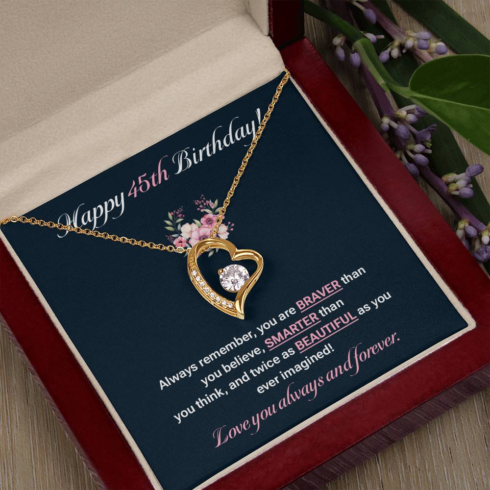 45th Birthday Gift for Her – Elegant Heart Necklace with Message Card