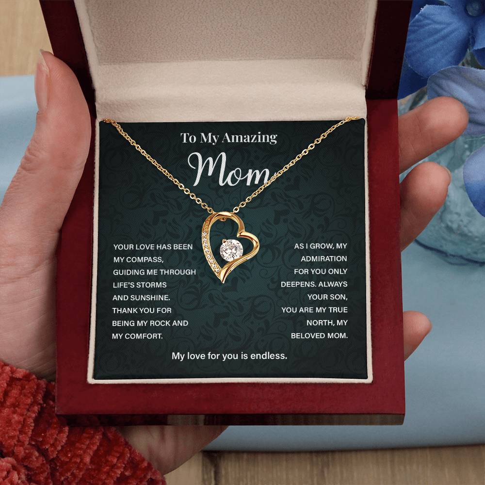 Mom Necklace from Son – Heart Pendant with Compass Message Card