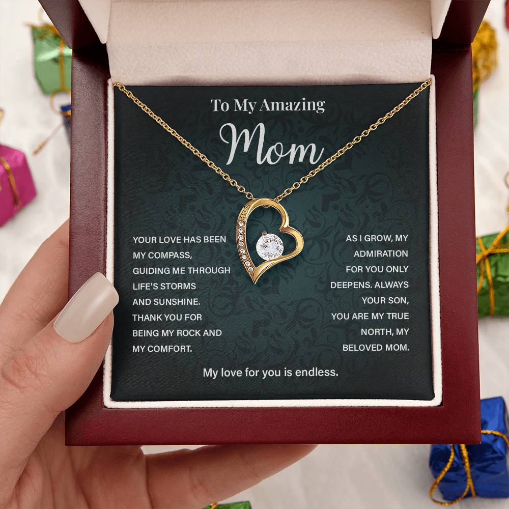 Mom Necklace from Son – Heart Pendant with Compass Message Card