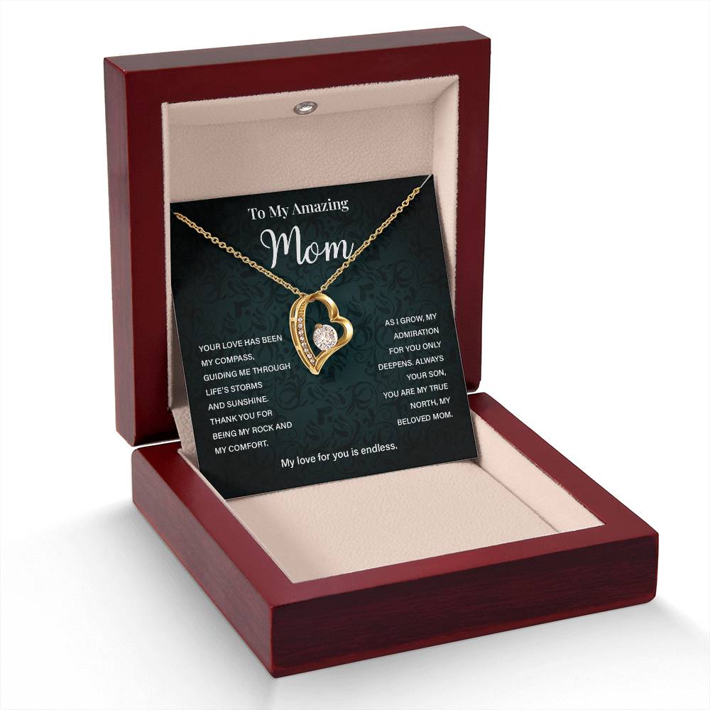 Mom Necklace from Son – Heart Pendant with Compass Message Card