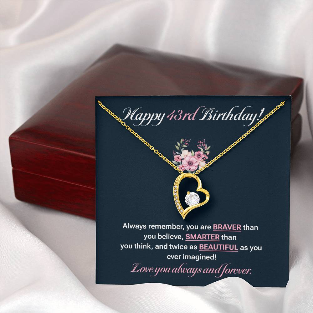 43rd Birthday Necklace for Her – Elegant Heart Pendant with Card