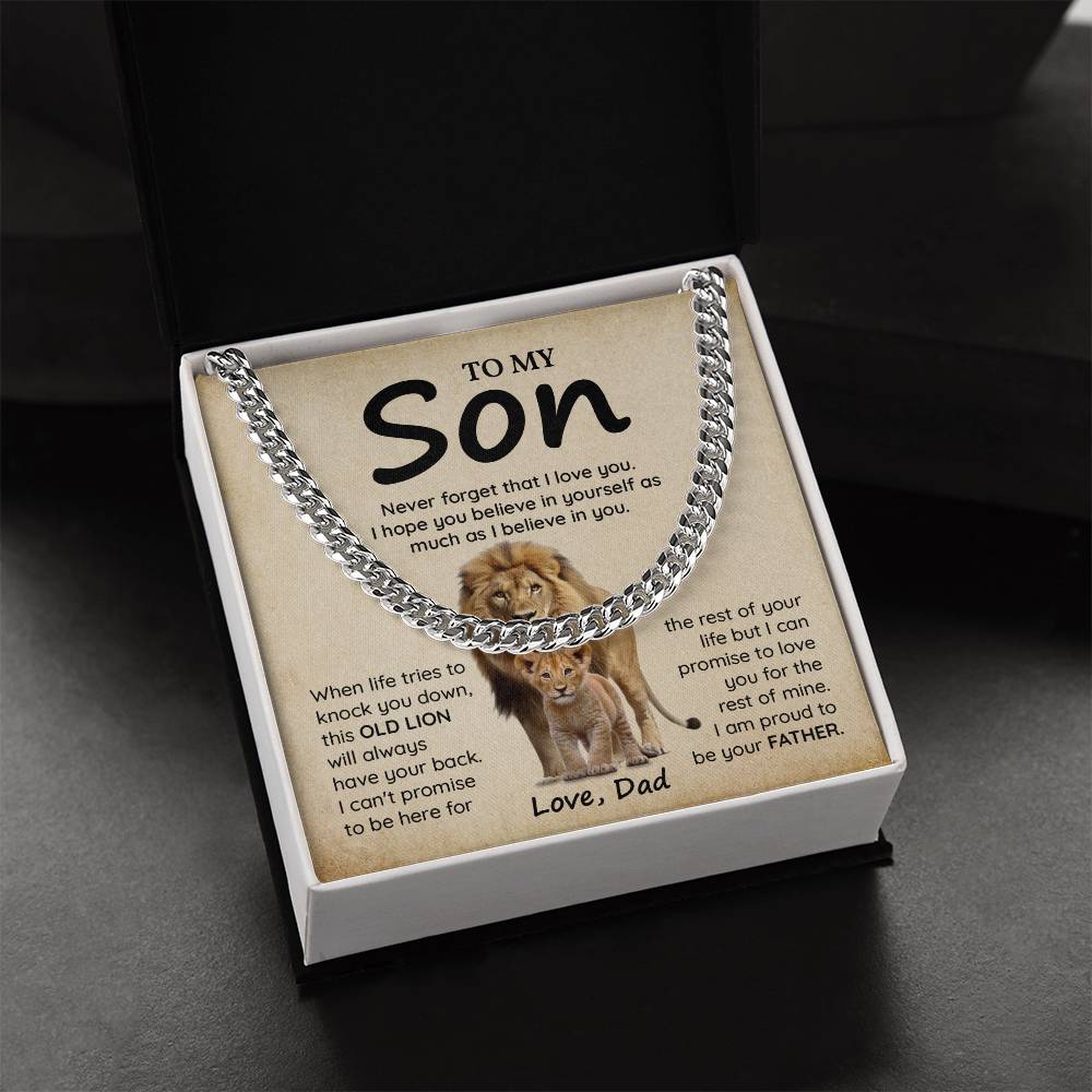 To My Son Gift from Dad – Lion Message Card Cuban Chain Necklace