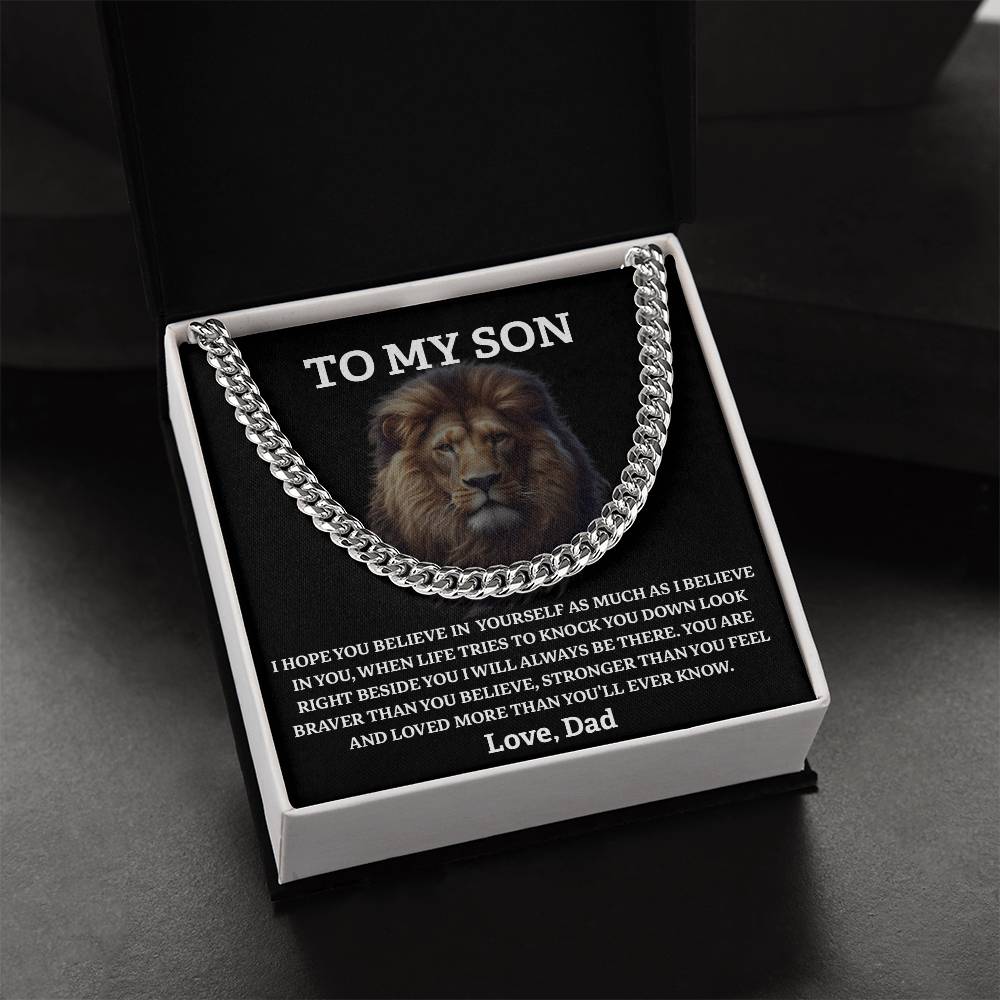 Lion Necklace for Son from Dad – Brave, Strong, Loved Message Card