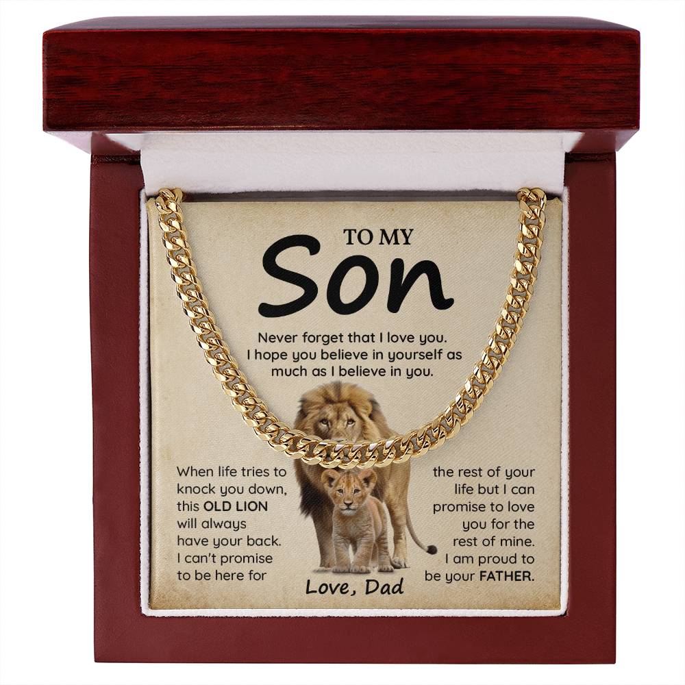 To My Son Gift from Dad – Lion Message Card Cuban Chain Necklace