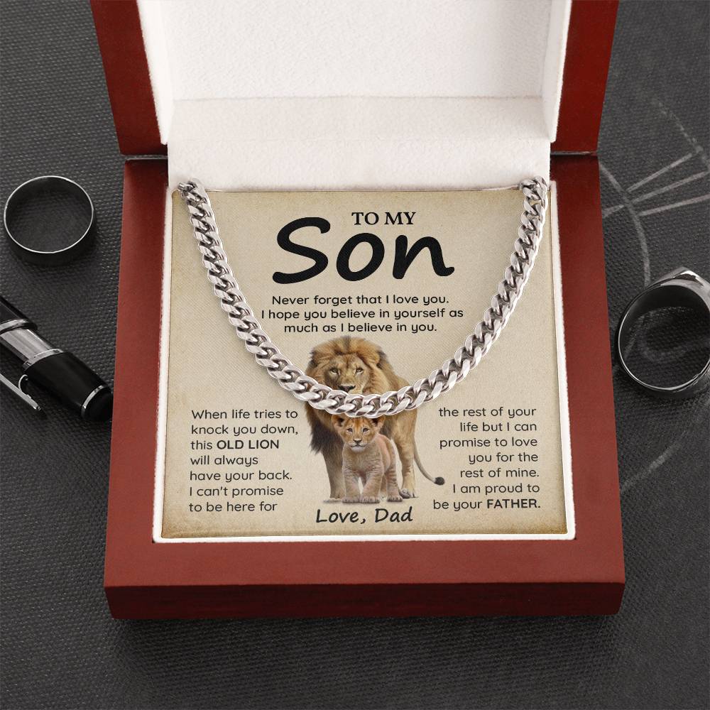 To My Son Gift from Dad – Lion Message Card Cuban Chain Necklace