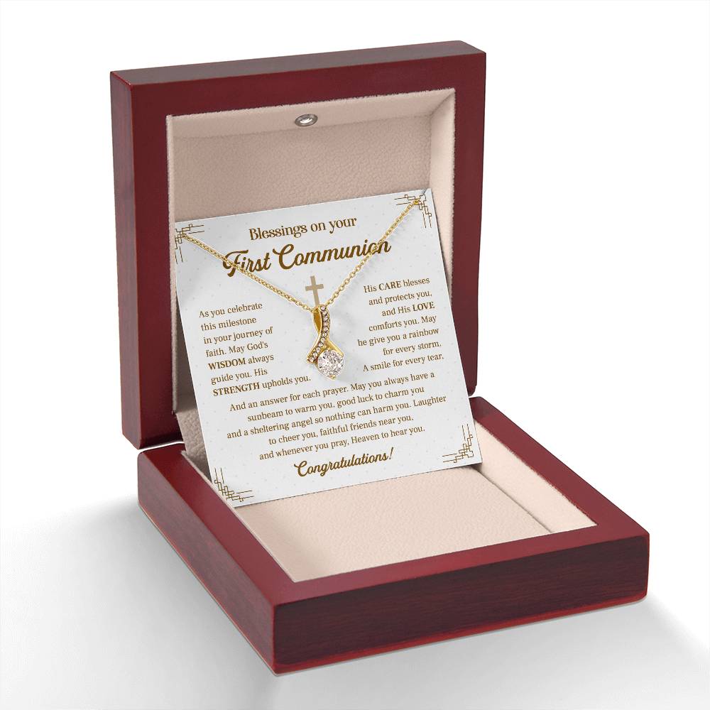 First Communion Gift Necklace – Religious Pendant with Blessings Card