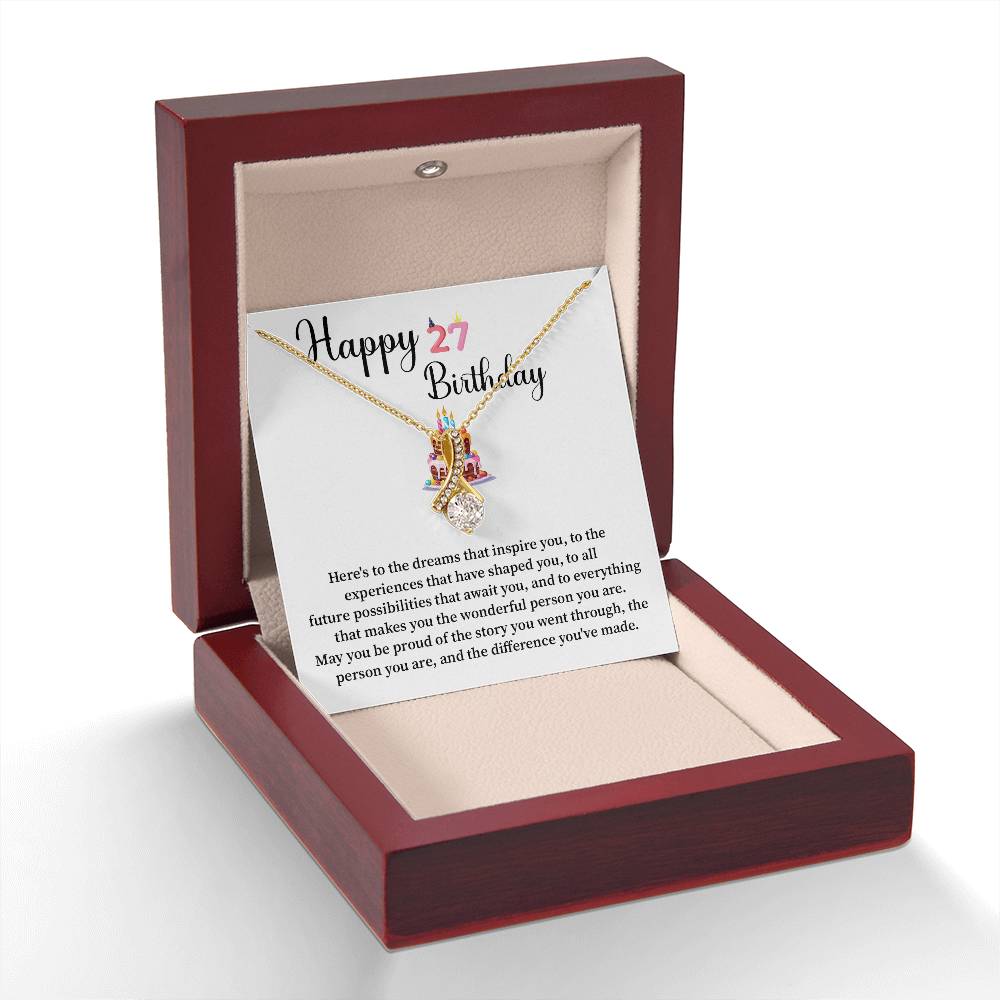 27th Birthday Gift for Her – Ribbon Drop Necklace with Message Card