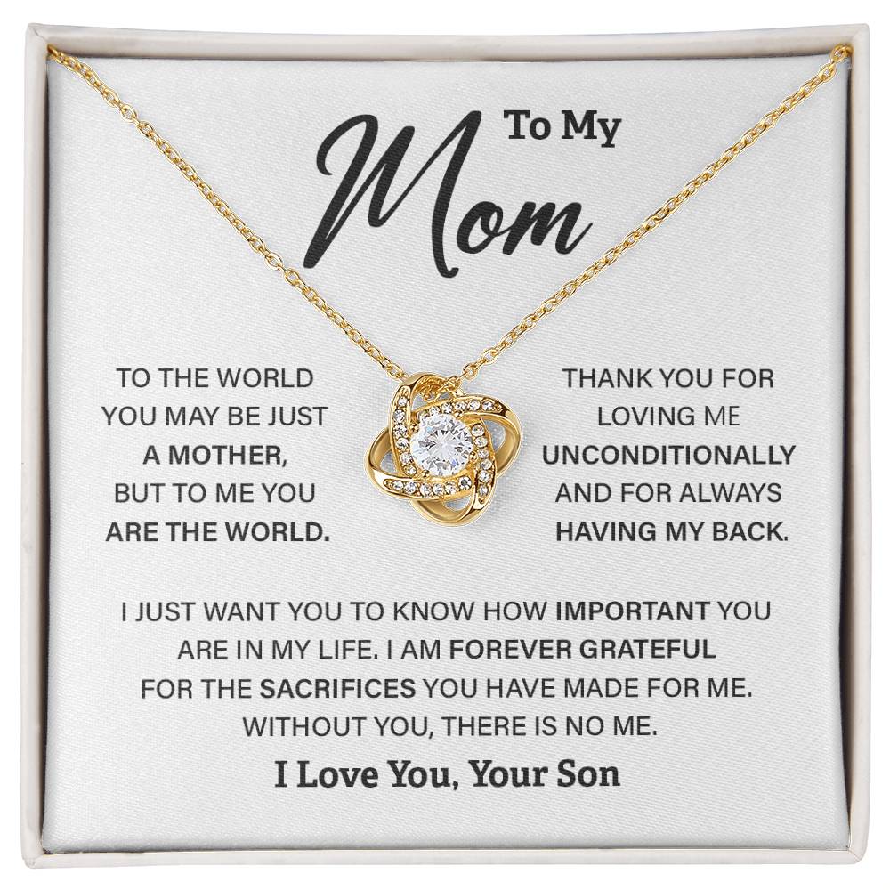 Mom Gift from Son – Love Knot Necklace with You Are My World Message