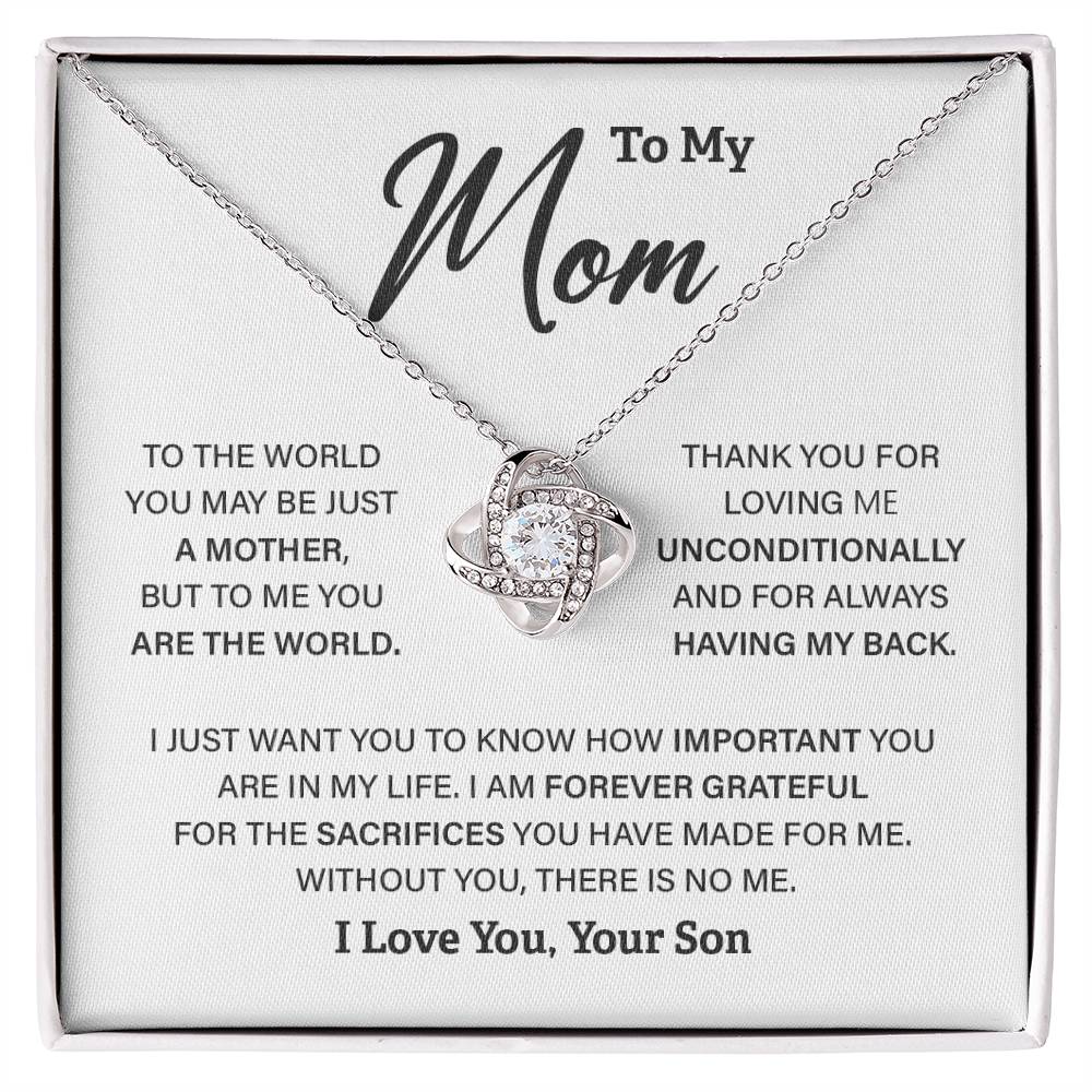 Mom Gift from Son – Love Knot Necklace with You Are My World Message