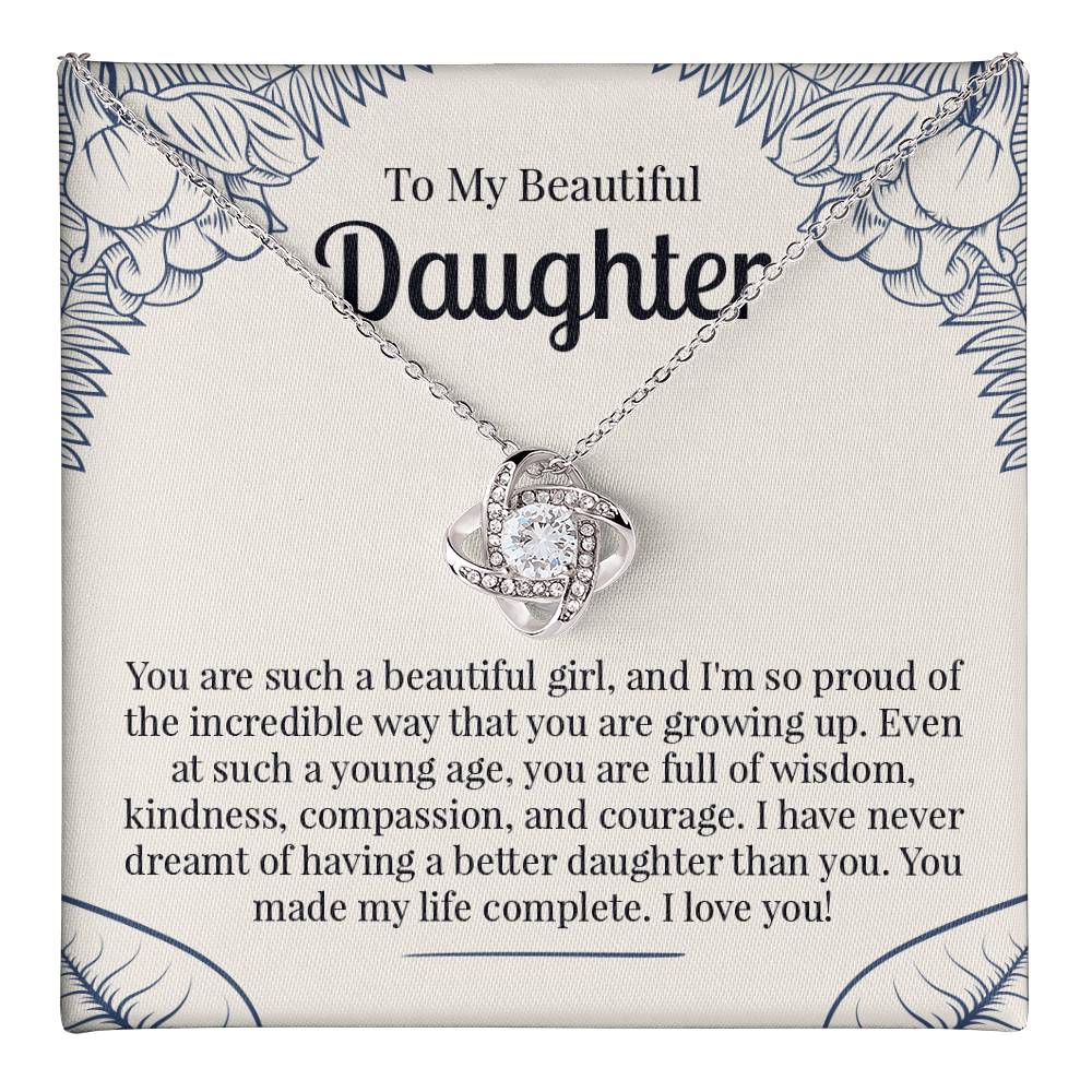 To My Beautiful Daughter Necklace Gift – Love Knot Pendant with Heartfelt Message Card
