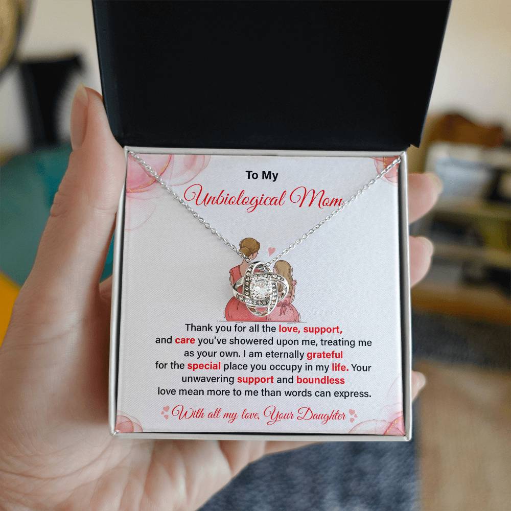 To My Unbiological Mom, Best Love And Gratitude Necklace For Unbiological Mom Love And Support Necklace Best Mother's Day Gift Message Necklace For Appreciation And Love Thank You For Love And Care Necklace