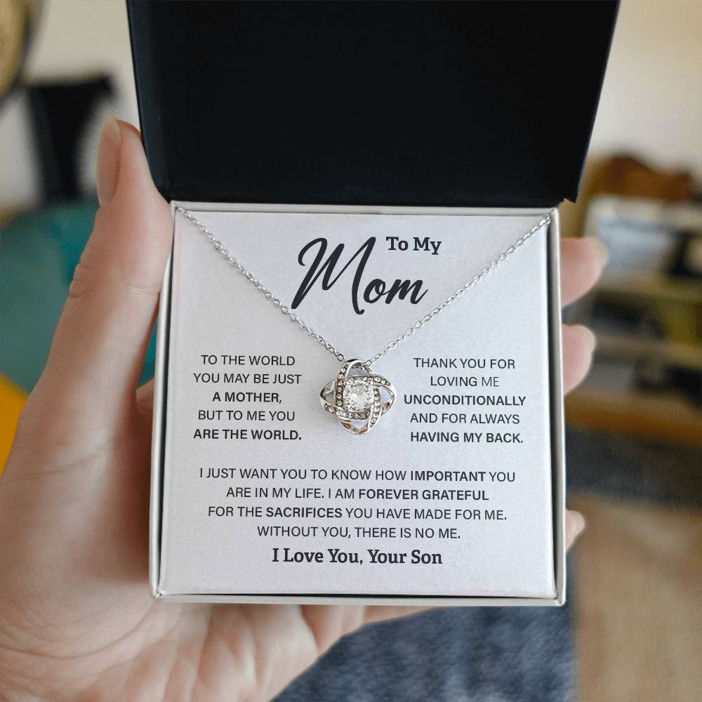 Mom Gift from Son – Love Knot Necklace with You Are My World Message