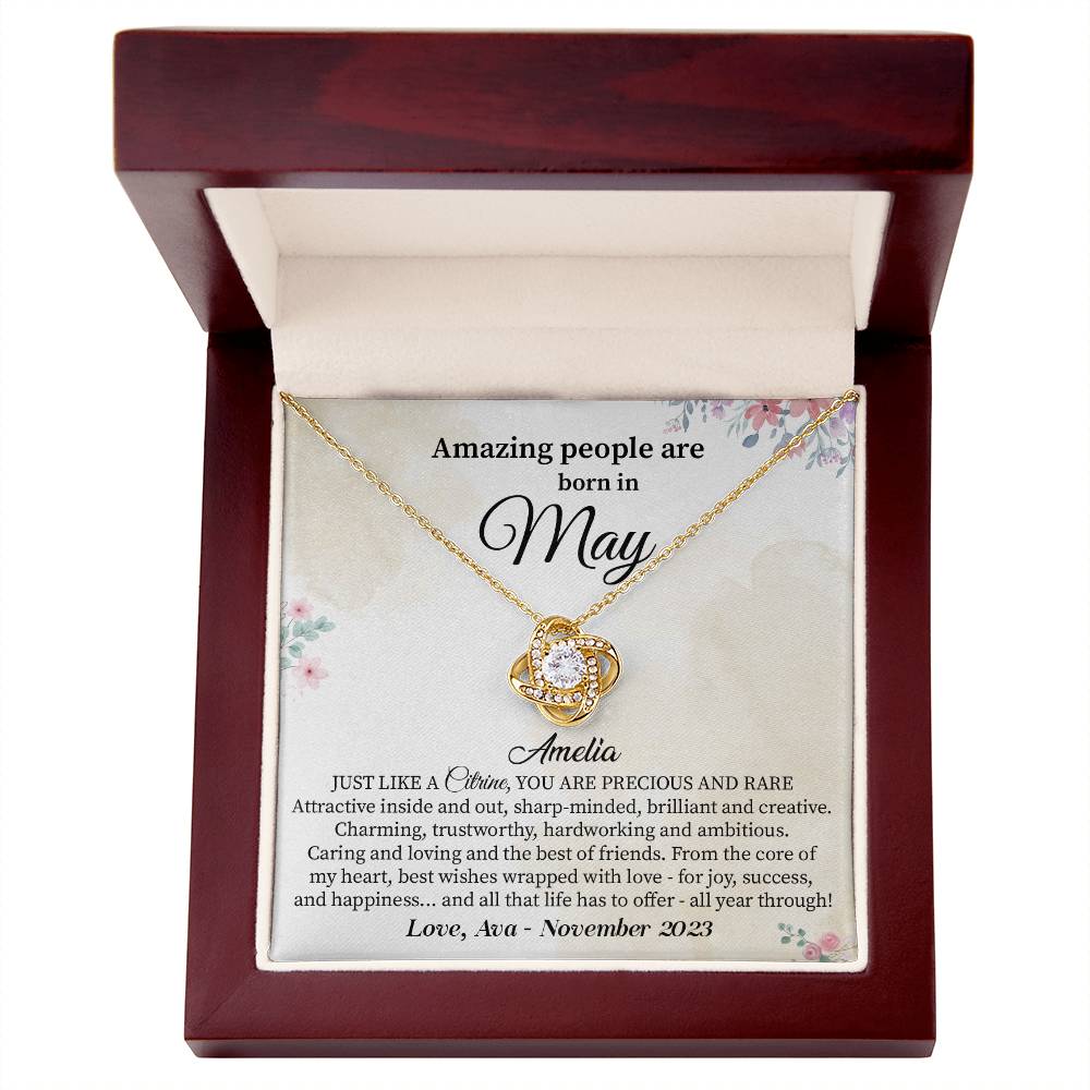 May Birthday Necklace Gift for Her – Citrine Message Card
