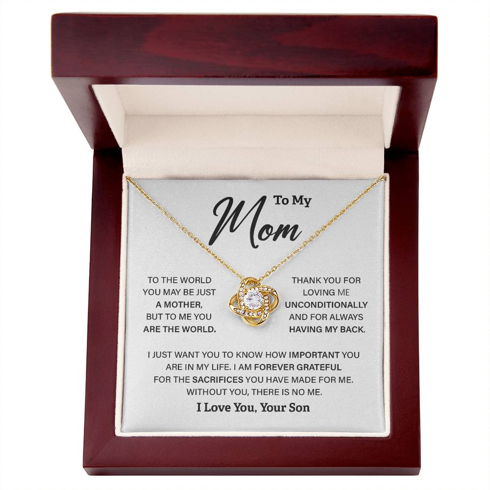 Mom Gift from Son – Love Knot Necklace with You Are My World Message