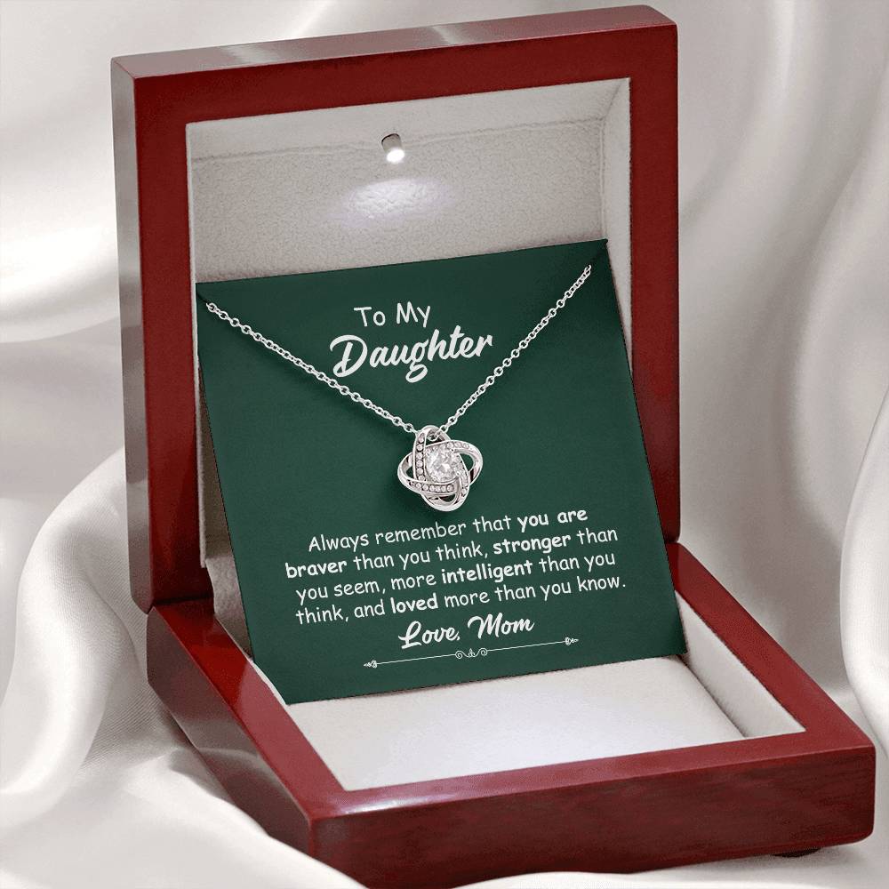 To My Daughter Necklace Gift from Mom – Love Knot Pendant with Inspirational Message Card