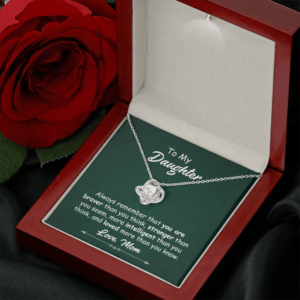 To My Daughter Necklace Gift from Mom – Love Knot Pendant with Inspirational Message Card