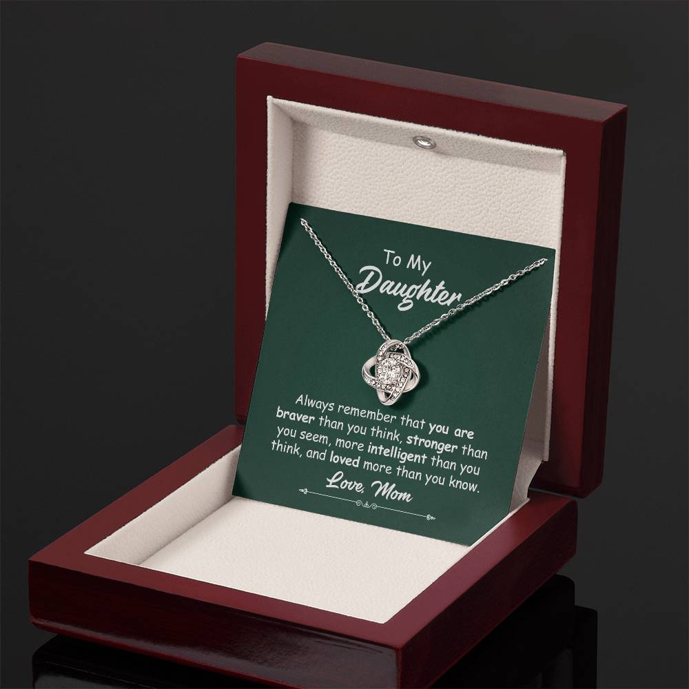 To My Daughter Necklace Gift from Mom – Love Knot Pendant with Inspirational Message Card