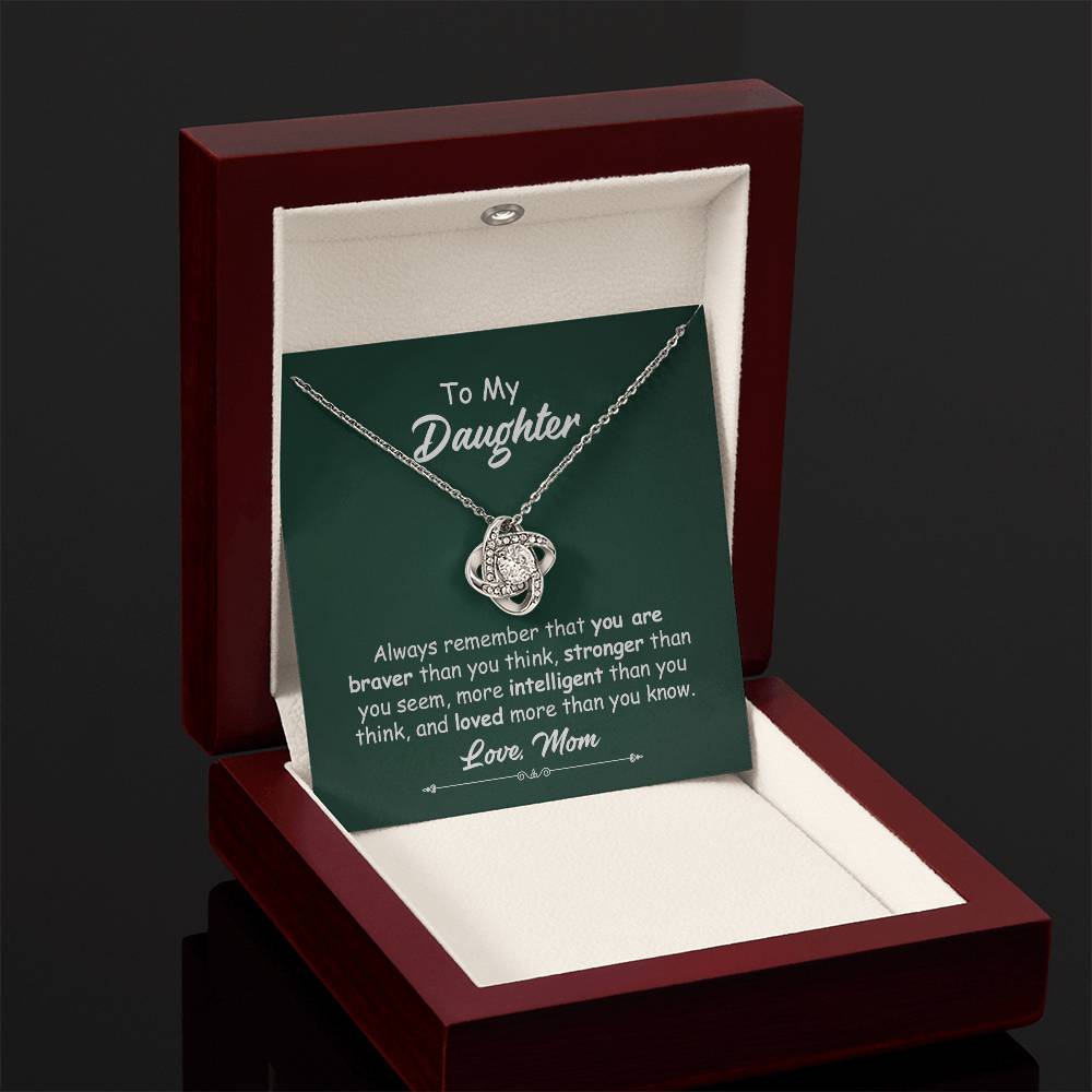 To My Daughter Necklace Gift from Mom – Love Knot Pendant with Inspirational Message Card