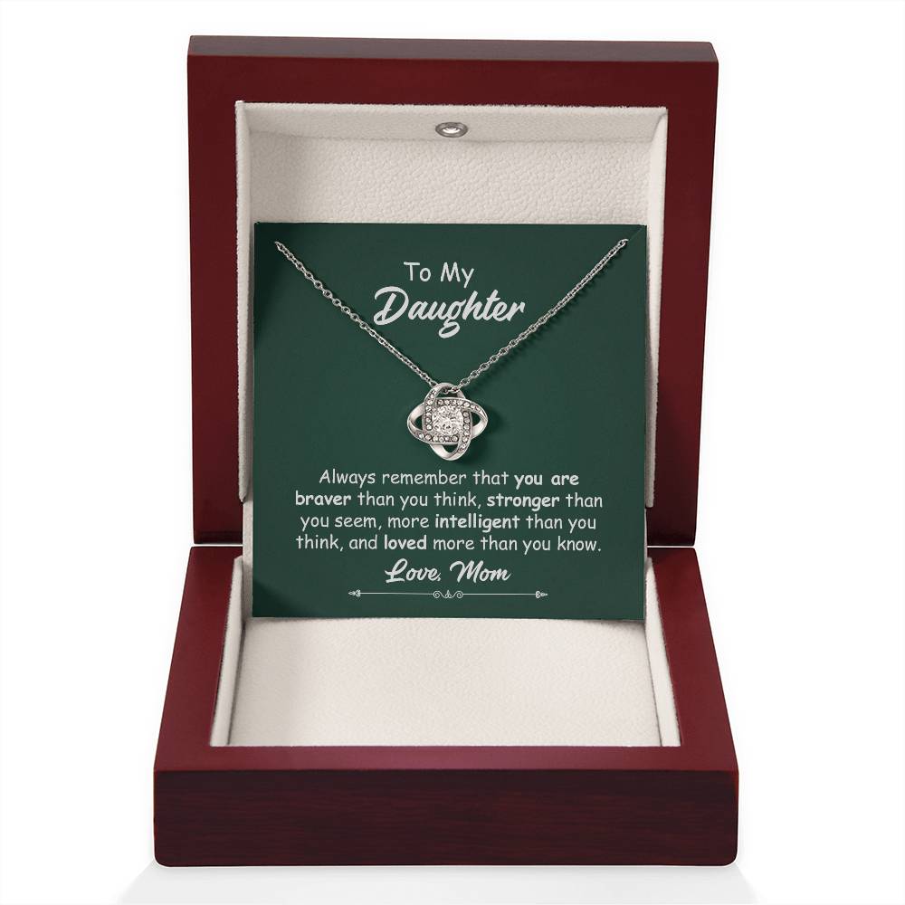 To My Daughter Necklace Gift from Mom – Love Knot Pendant with Inspirational Message Card