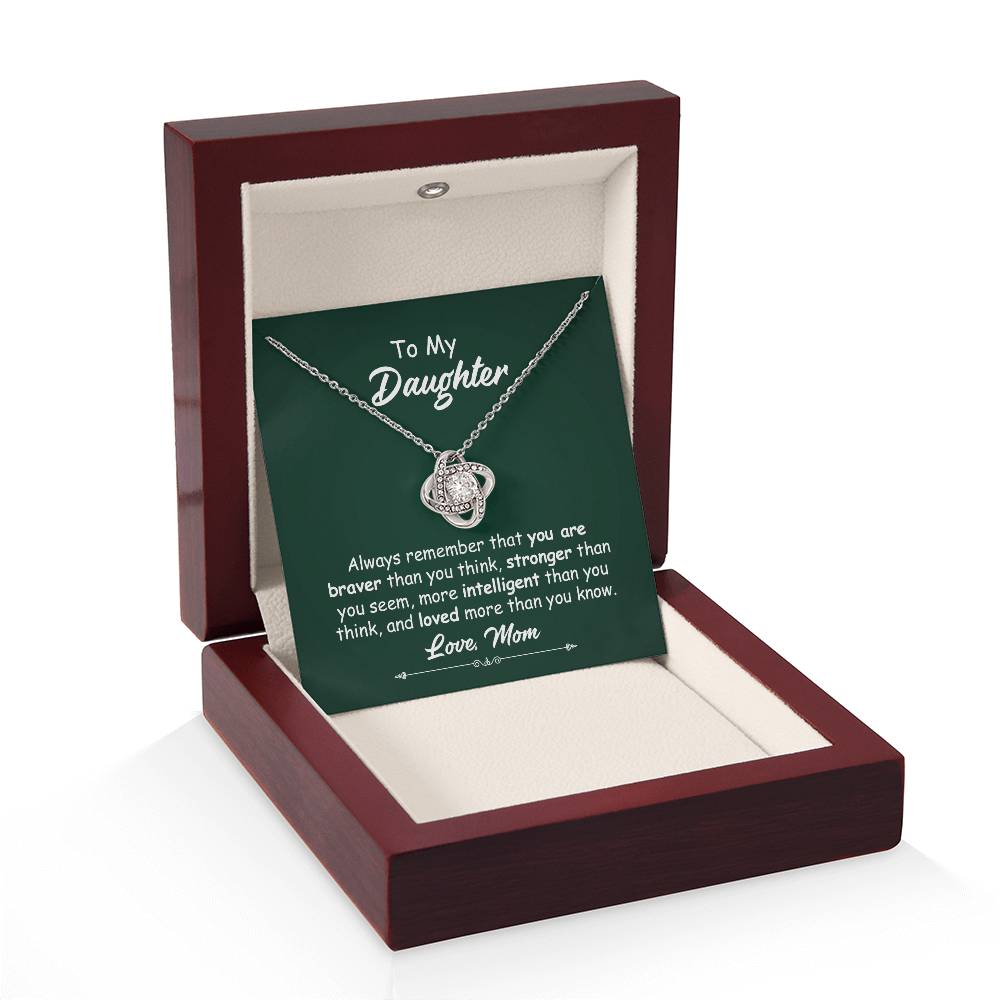 To My Daughter Necklace Gift from Mom – Love Knot Pendant with Inspirational Message Card