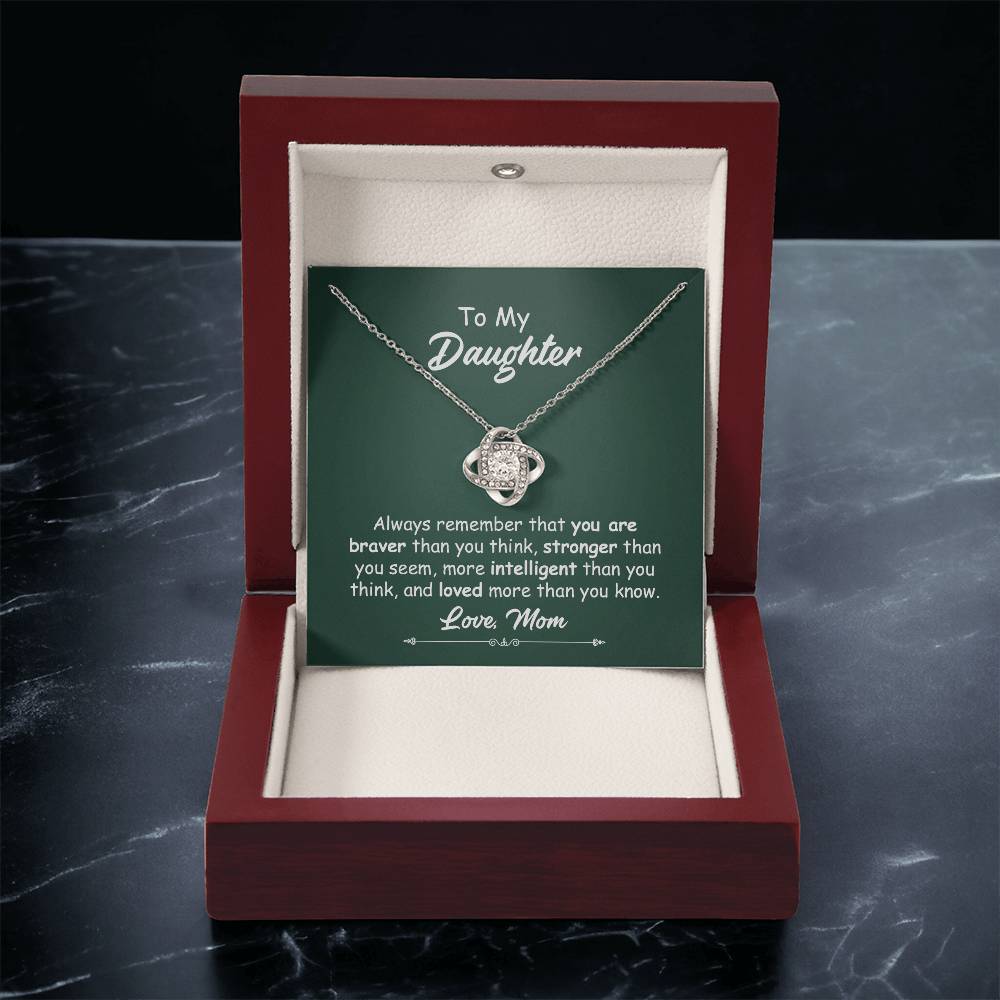 To My Daughter Necklace Gift from Mom – Love Knot Pendant with Inspirational Message Card