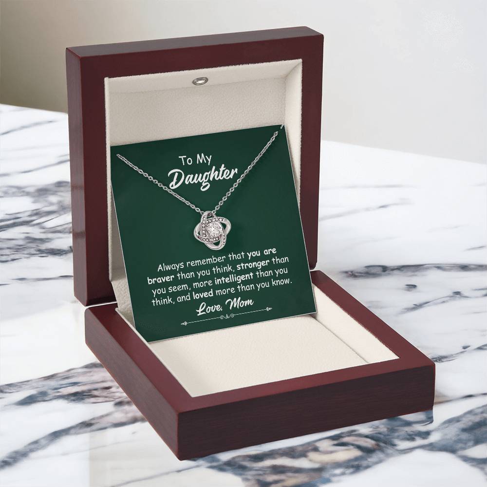 To My Daughter Necklace Gift from Mom – Love Knot Pendant with Inspirational Message Card
