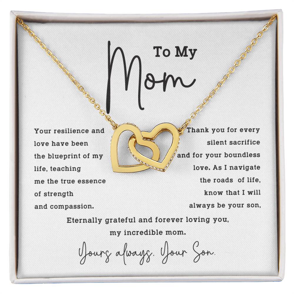 To My Mom Necklace from Son – Interlocking Hearts with Gratitude Card