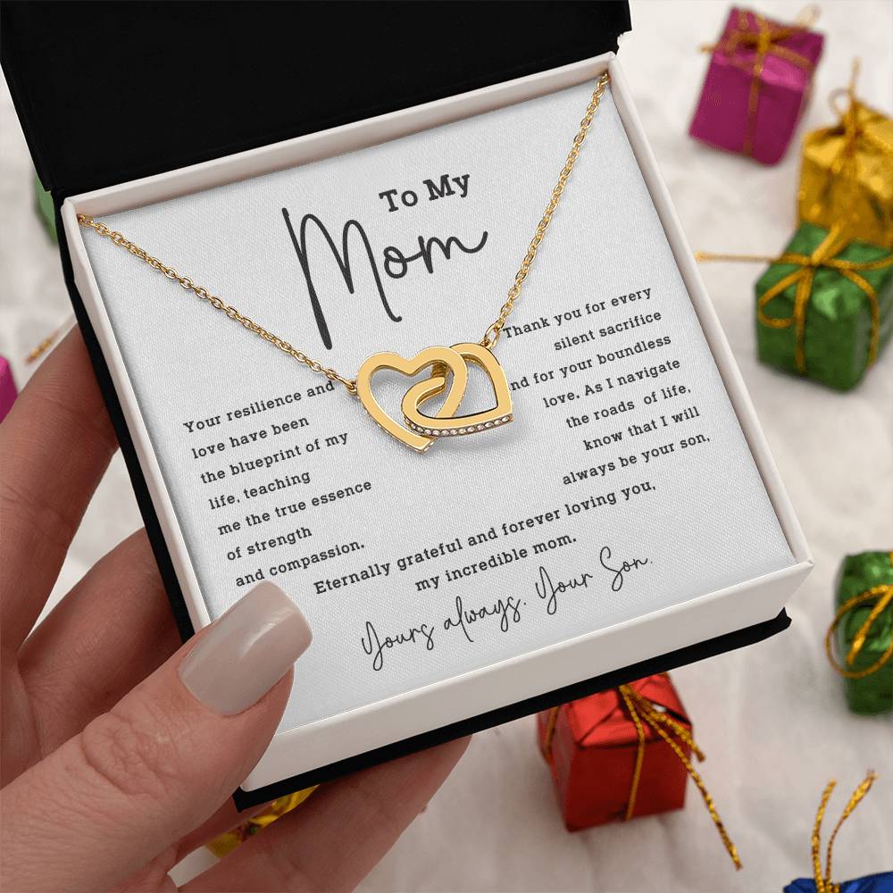 To My Mom Necklace from Son – Interlocking Hearts with Gratitude Card
