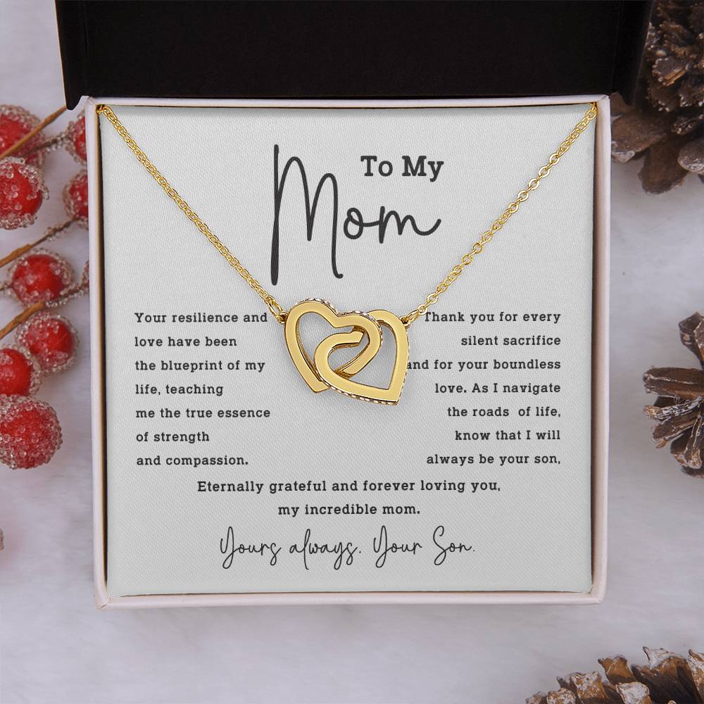 To My Mom Necklace from Son – Interlocking Hearts with Gratitude Card