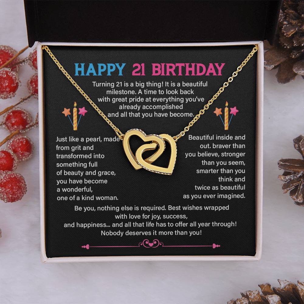21st Birthday Necklace for Her – Interlocking Hearts & Message Card