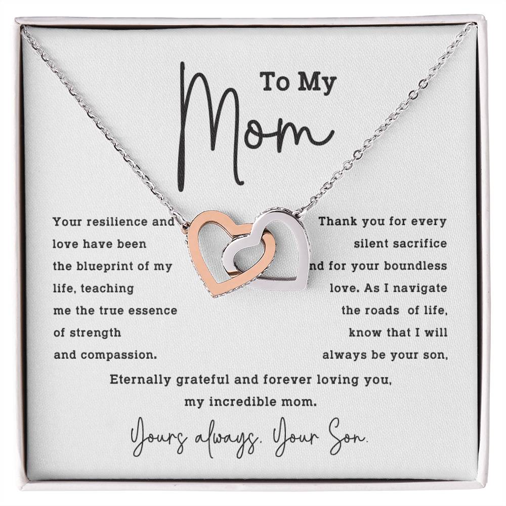 To My Mom Necklace from Son – Interlocking Hearts with Gratitude Card