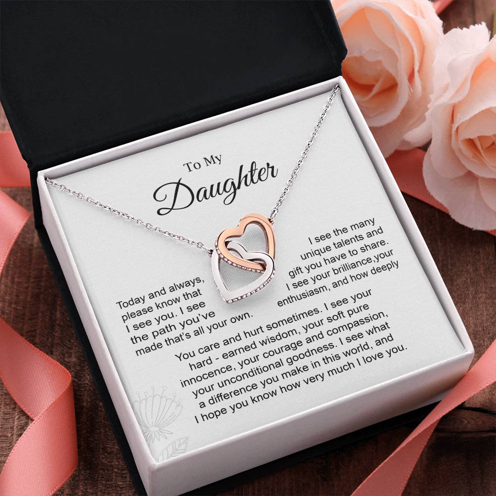 Daughter Necklace Gift with Interlocking Hearts and Card