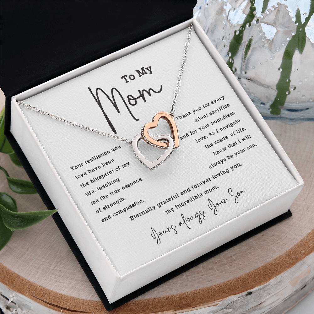 To My Mom Necklace from Son – Interlocking Hearts with Gratitude Card