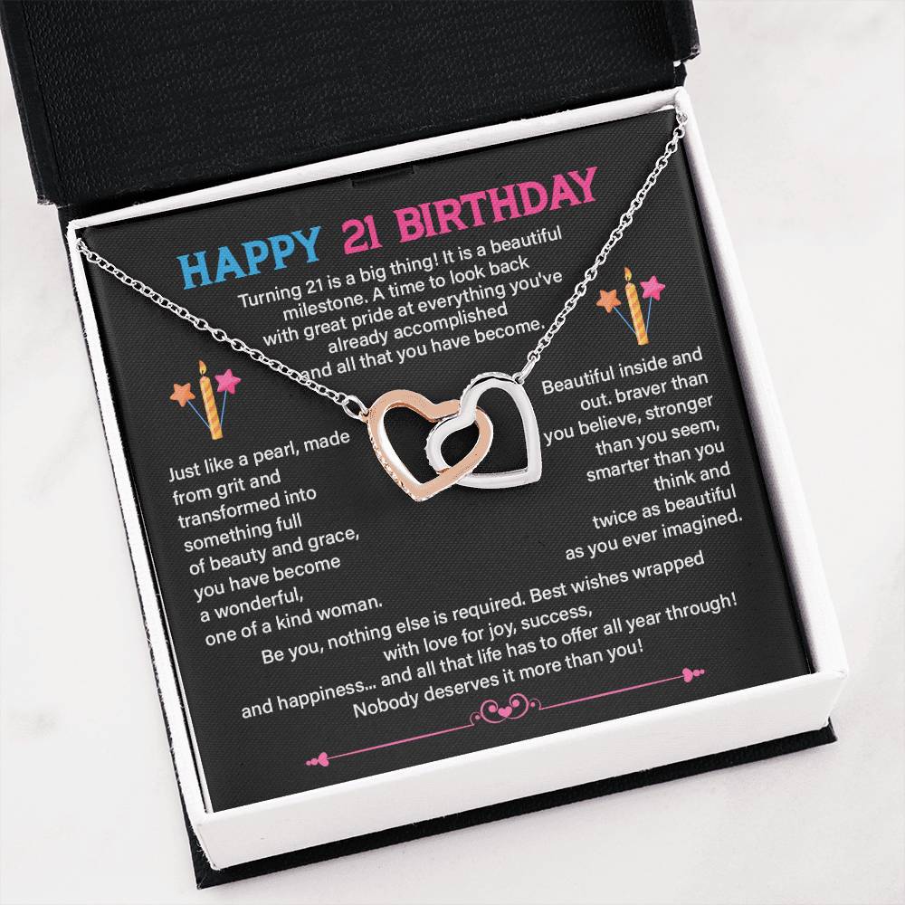 21st Birthday Necklace for Her – Interlocking Hearts & Message Card
