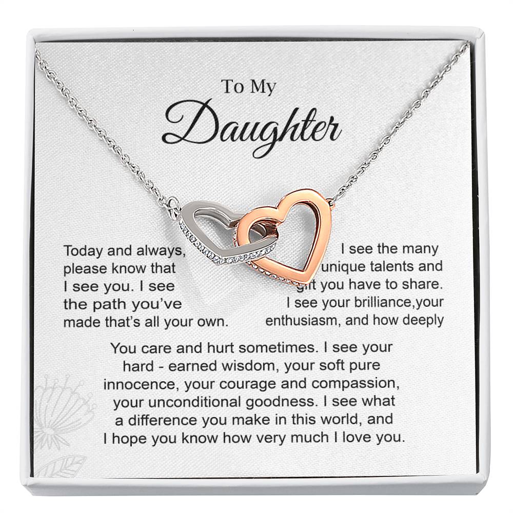 Daughter Necklace Gift with Interlocking Hearts and Card