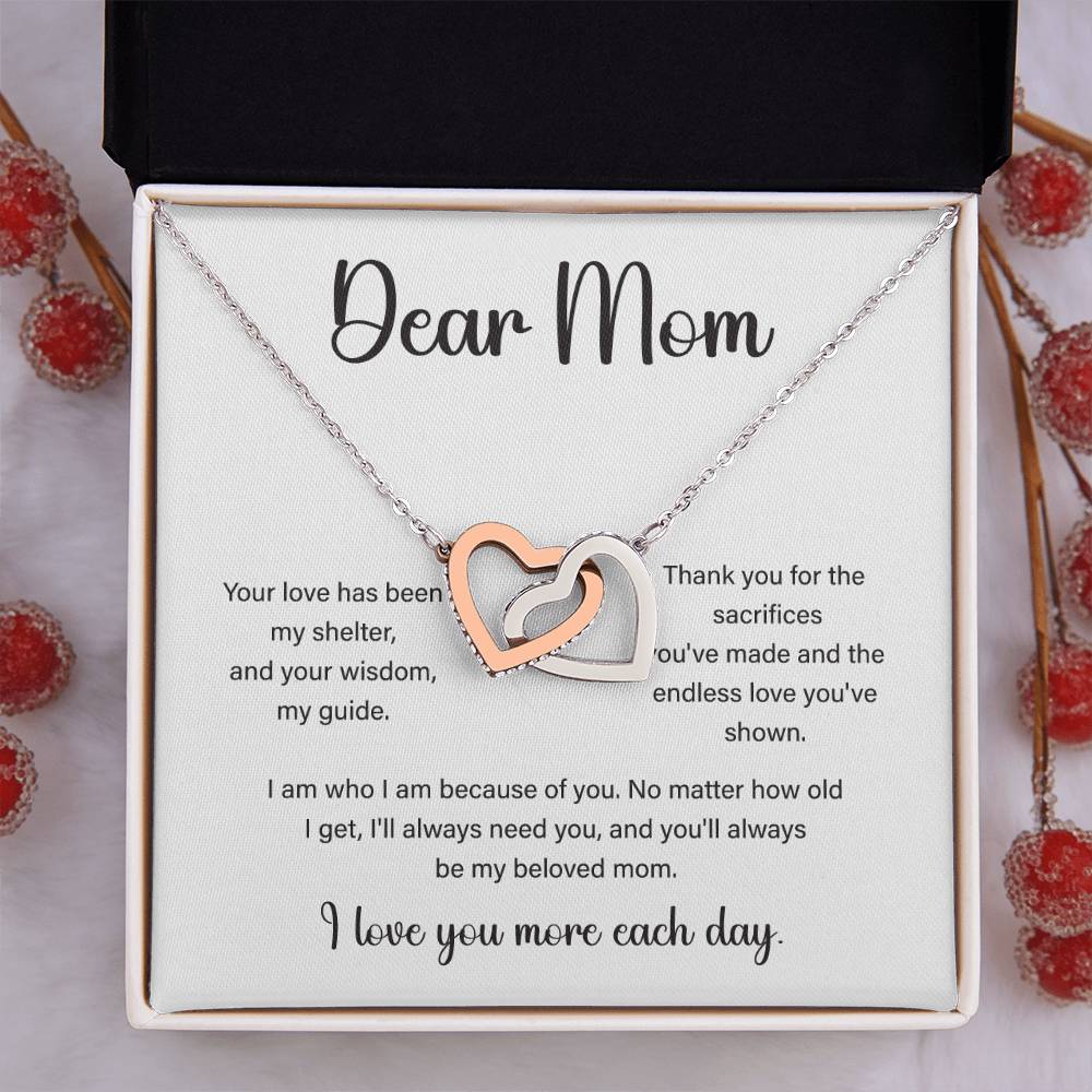 Interlocking Hearts Necklace for Mom with “I Love You More” Note