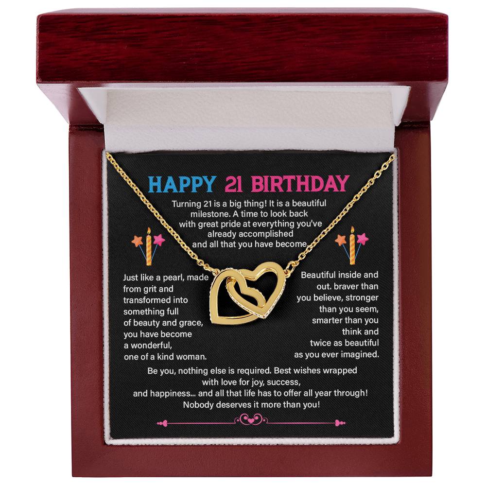 21st Birthday Necklace for Her – Interlocking Hearts & Message Card