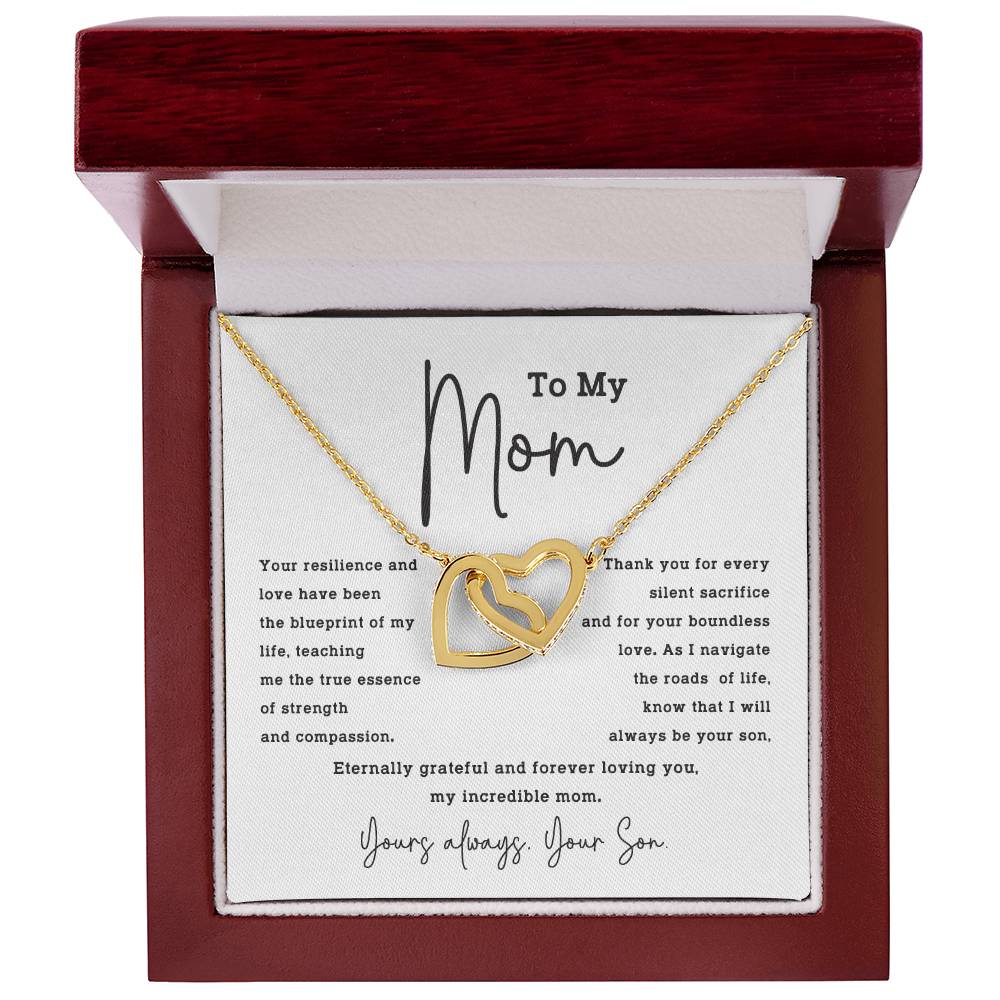 To My Mom Necklace from Son – Interlocking Hearts with Gratitude Card
