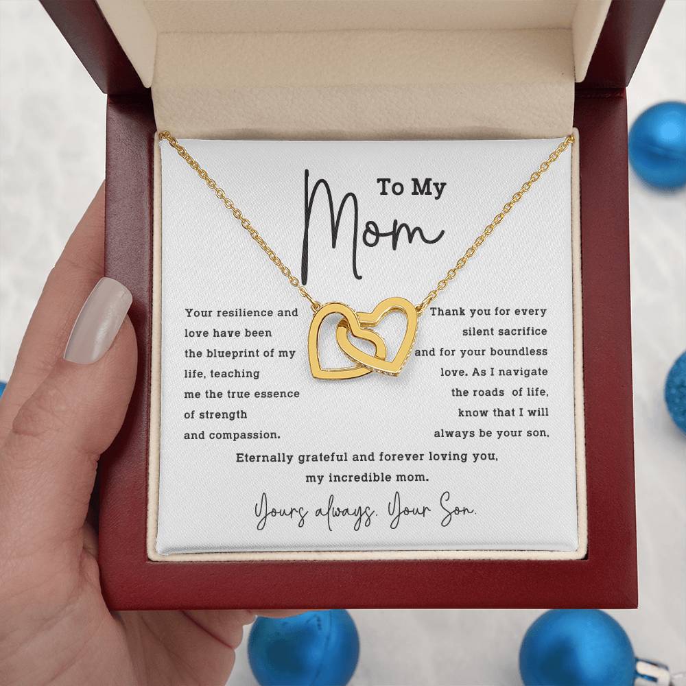 To My Mom Necklace from Son – Interlocking Hearts with Gratitude Card