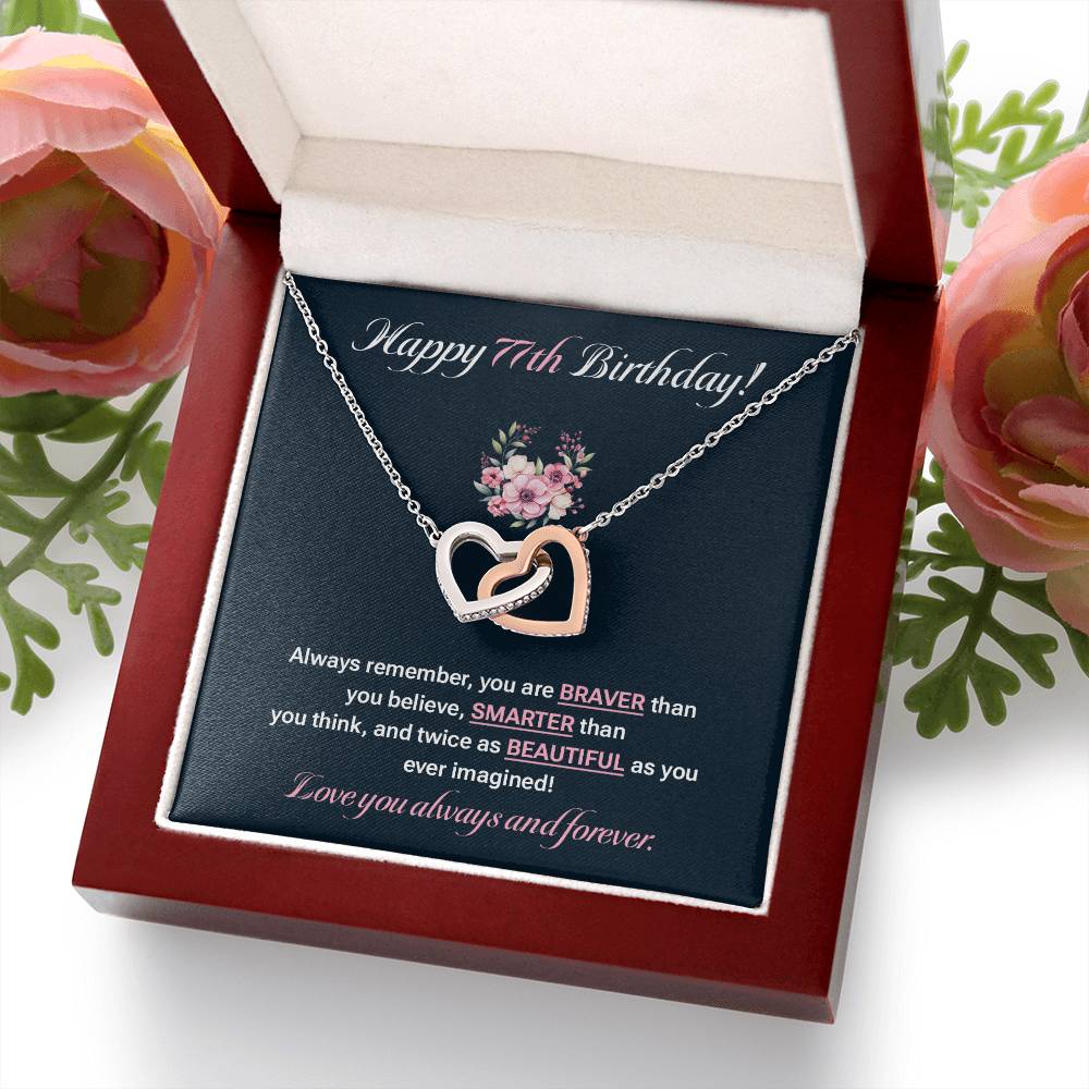77th Birthday Gift for Her – Interlocking Hearts Necklace & Card