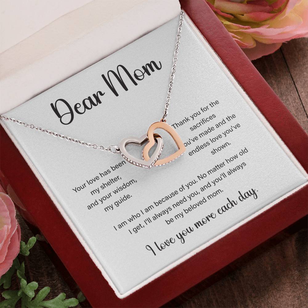 Interlocking Hearts Necklace for Mom with “I Love You More” Note