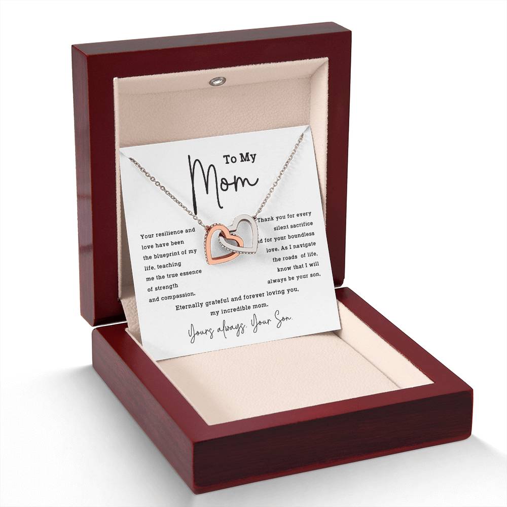 To My Mom Necklace from Son – Interlocking Hearts with Gratitude Card
