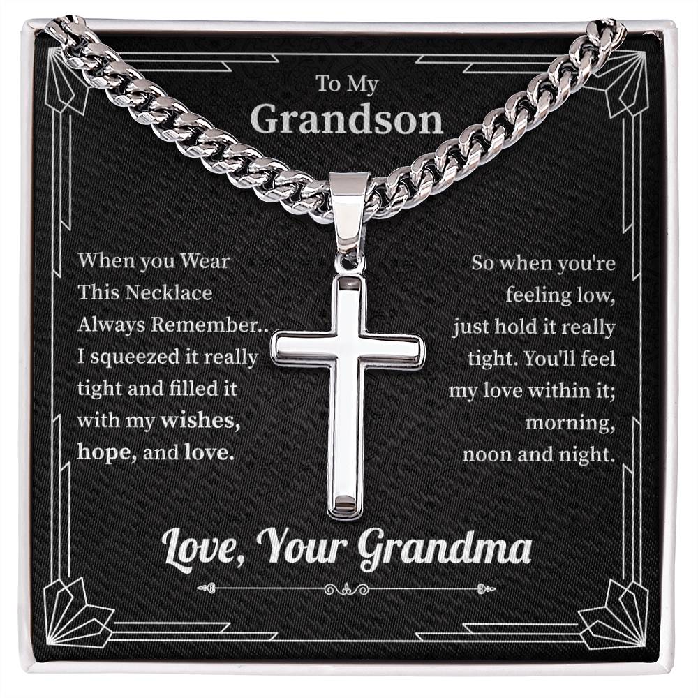 To My Grandson Cross Necklace From Grandma, Grandson Birthday Gifts From Grandma Present For Grandson From Grandmother, Love Your Grandma.
